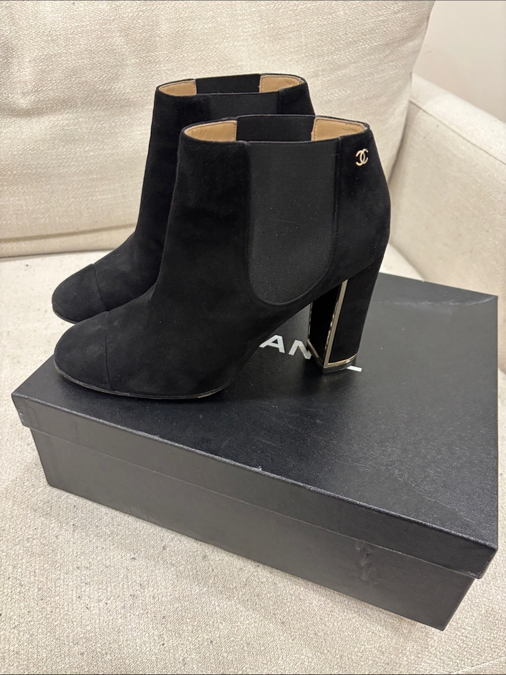 CHANEL Black Suede Ankle Booties with Gold CC Heel Accent